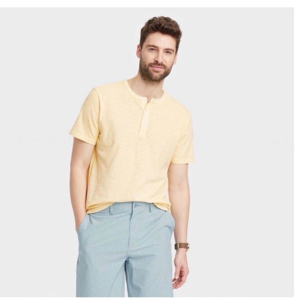 Goodfellow & Co Mens Short Sleeve Henley T-Shirt Yellow Slub Knit Large